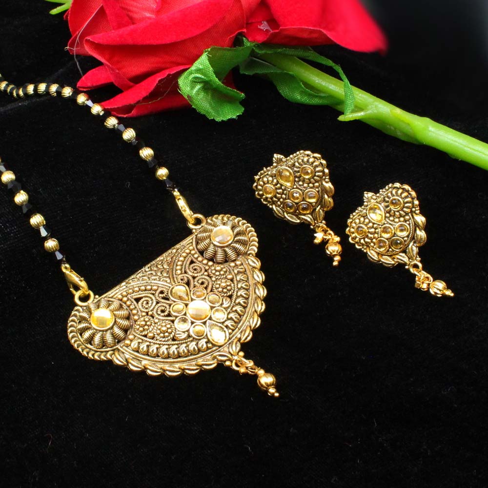 Indian ethnic Mangalsutra black beads necklace earrings set gift for wife