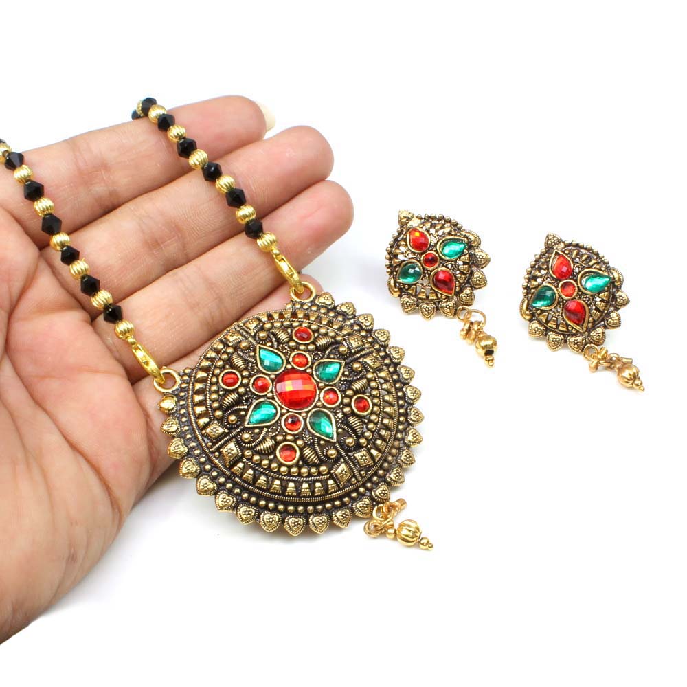 Designer Indian Mangalsutra black beads necklace earrings set gift for wife