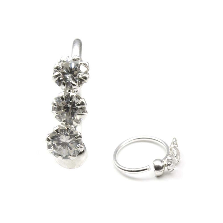 Real Solid 925 Sterling Silver White CZ Hoop Nose Rings Ball Closure 22 Gauge