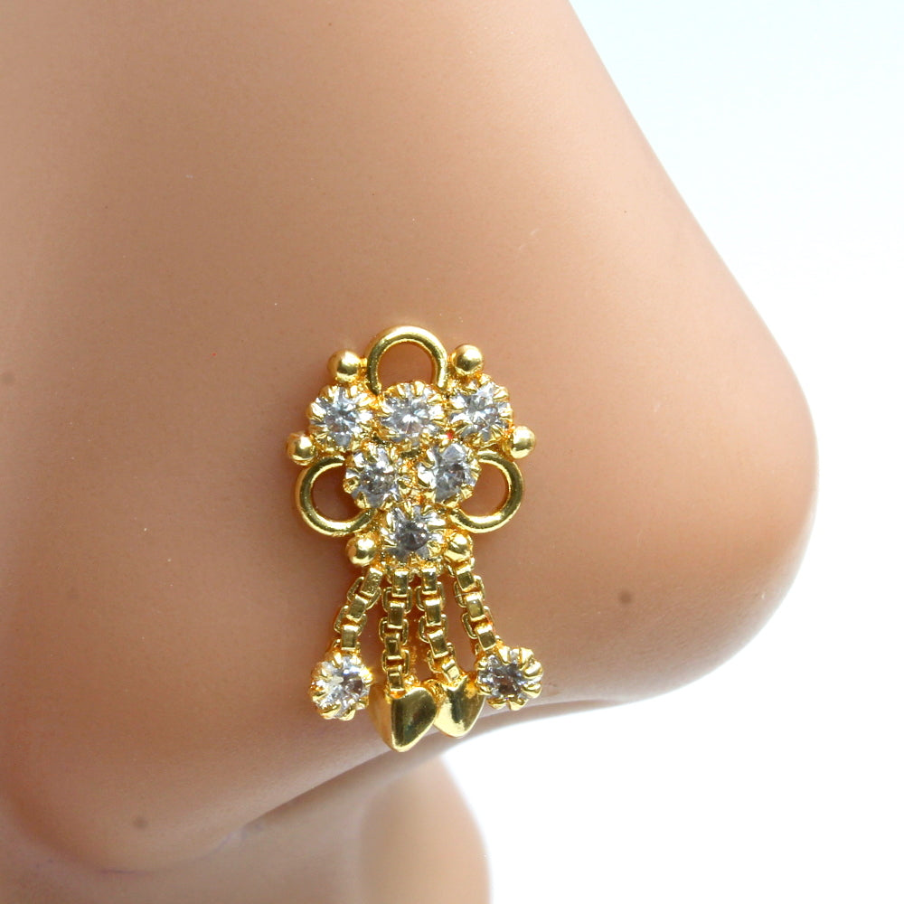 Indian style Dangle White Gold Indian Nose Stud CZ Push Pin