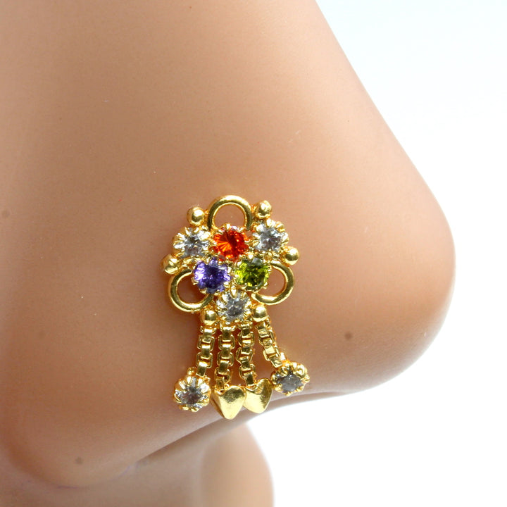 Indian style Dangle Multicolor CZ Gold Plated Nose Stud Push Pin