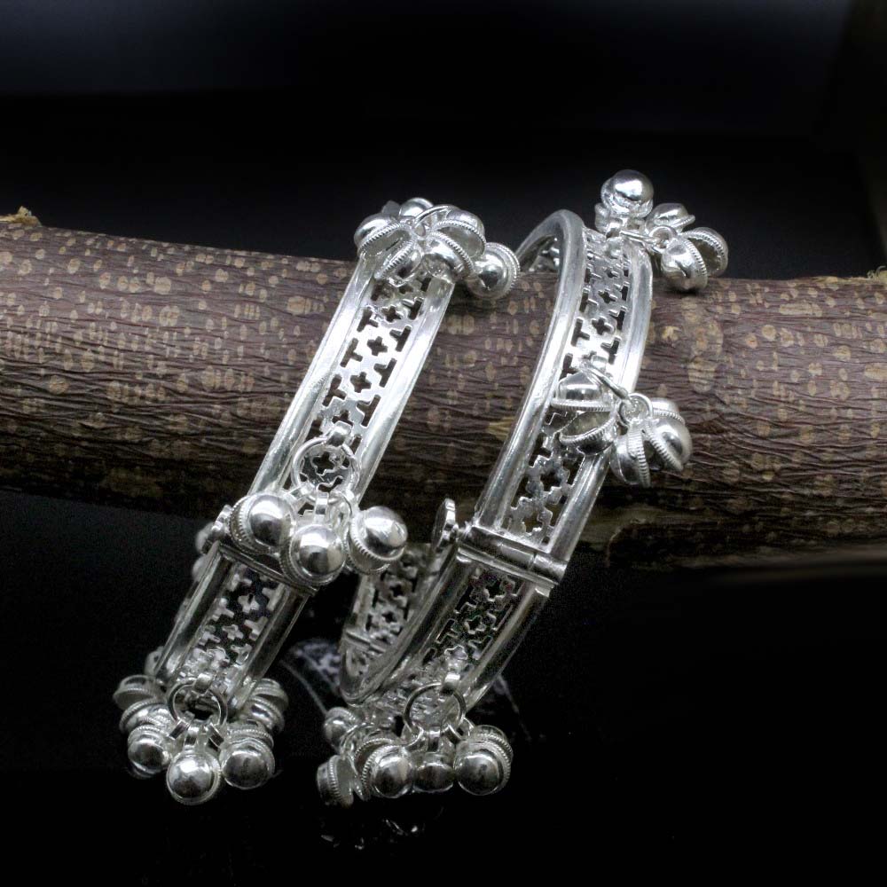 Indian Real Silver Women Bangles with jingle Bells ladies Openable gajre 6.4 CM