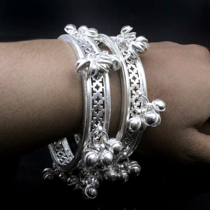 Indian Real Silver Women Bangles with jingle Bells ladies Openable gajre 6.4 CM