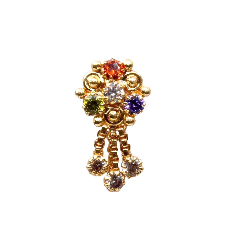 Gold Plated Ethnic Indian Dangle Nose ring Multicolor CZ Twisted nose ring 22g