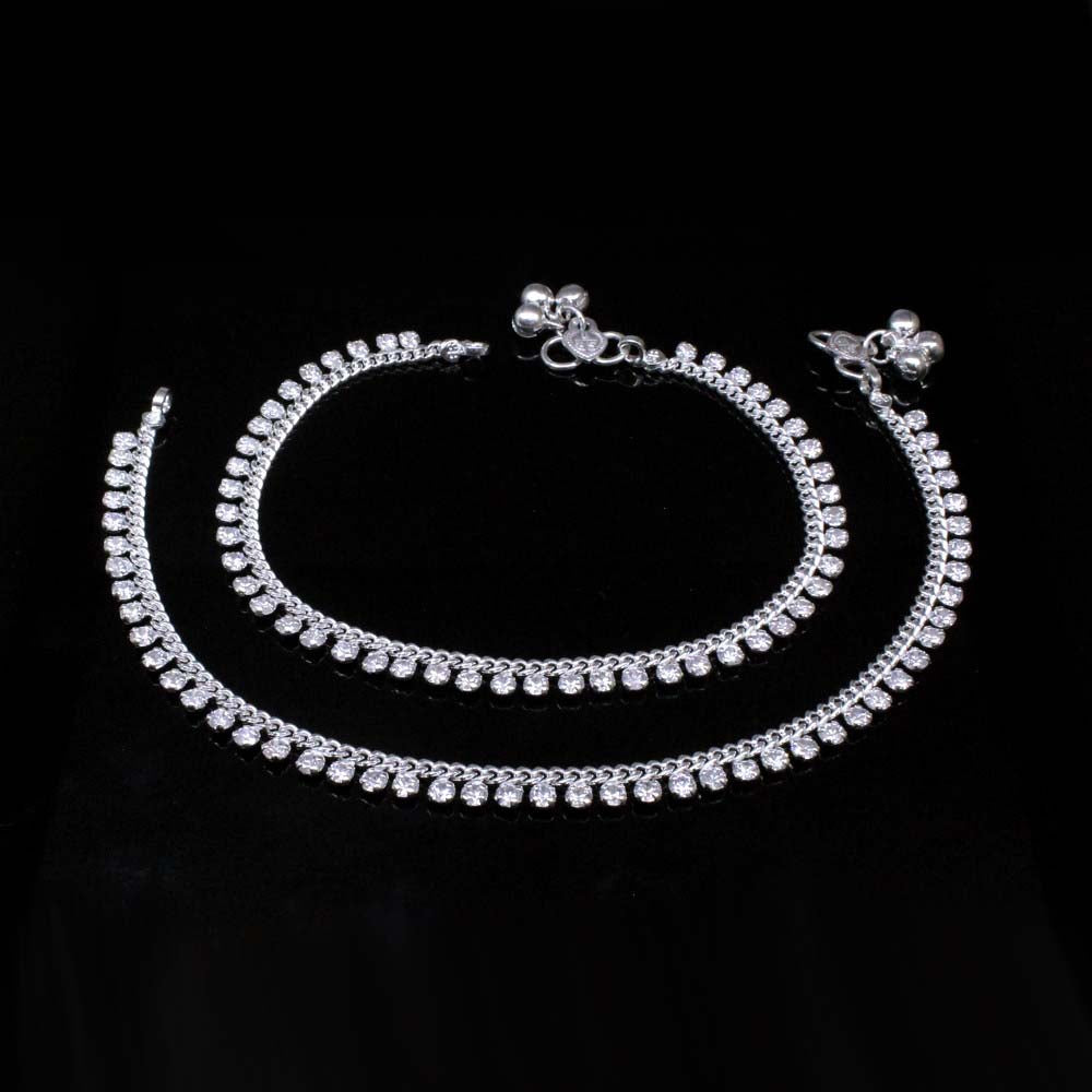 Indian Style Real Silver White CZ Anklets for Women 10.5"