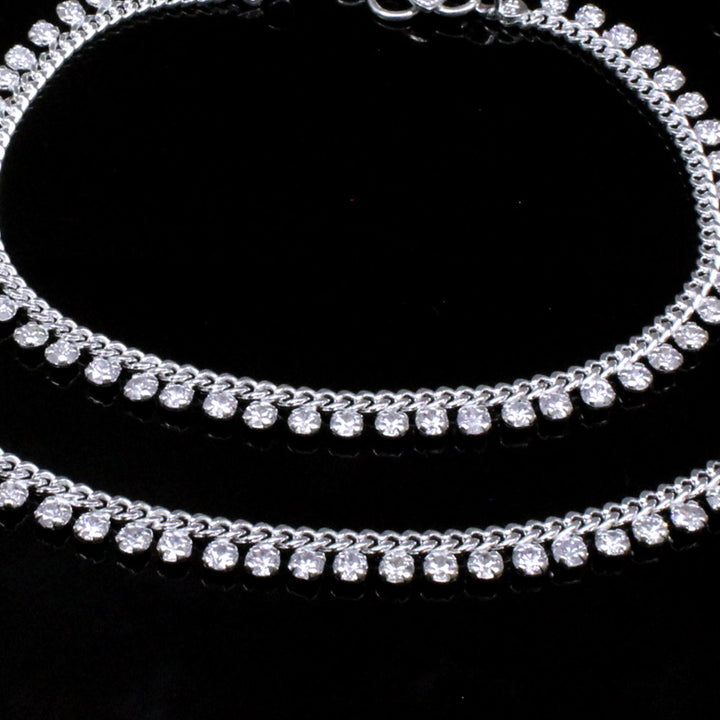Anklets for women Real Silver Anklets Ankle chain White CZ Bracelet Pair 10.5"