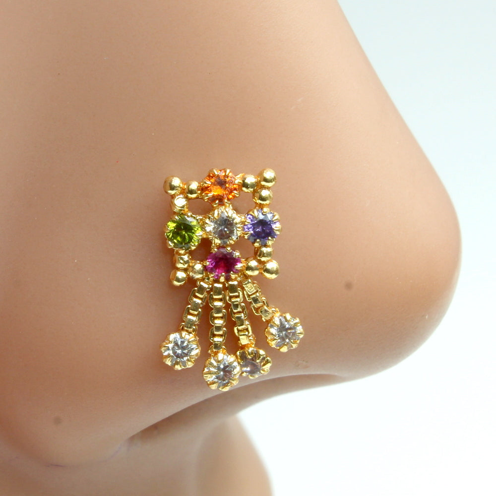 Gold Plated Indian Dangle Nose ring Multicolor CZ Twisted nose ring 22g