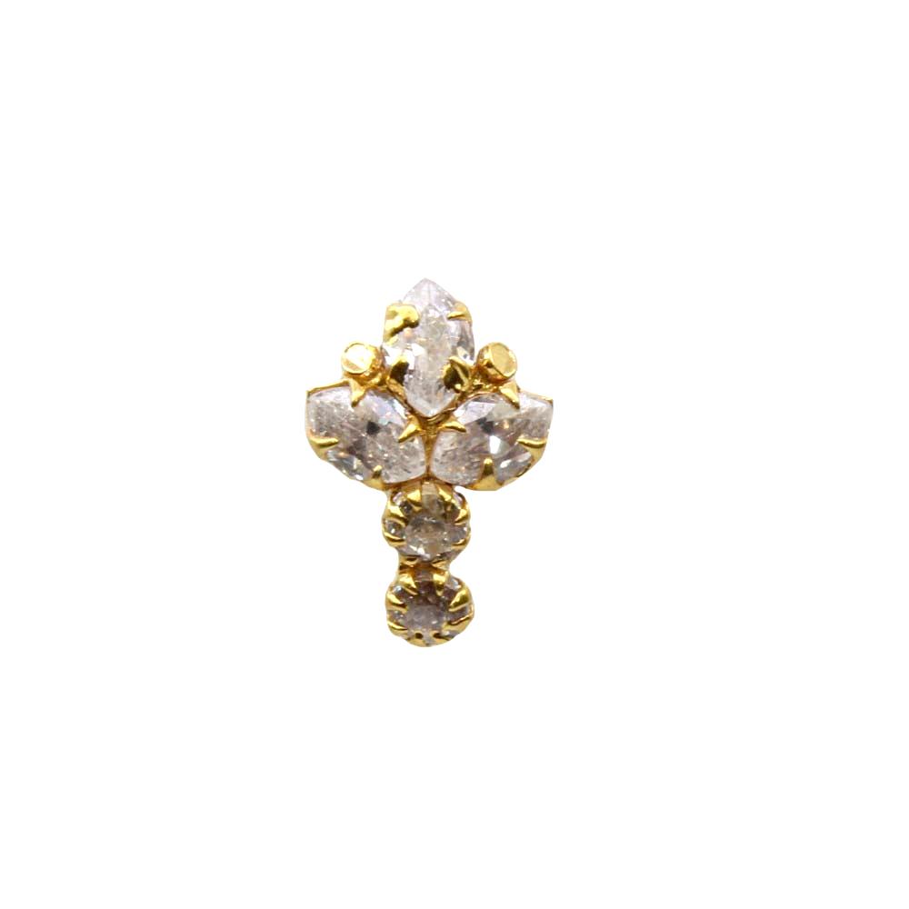 Small Vertical 14K Solid Gold CZ Indian piercing nose ring Push Pin