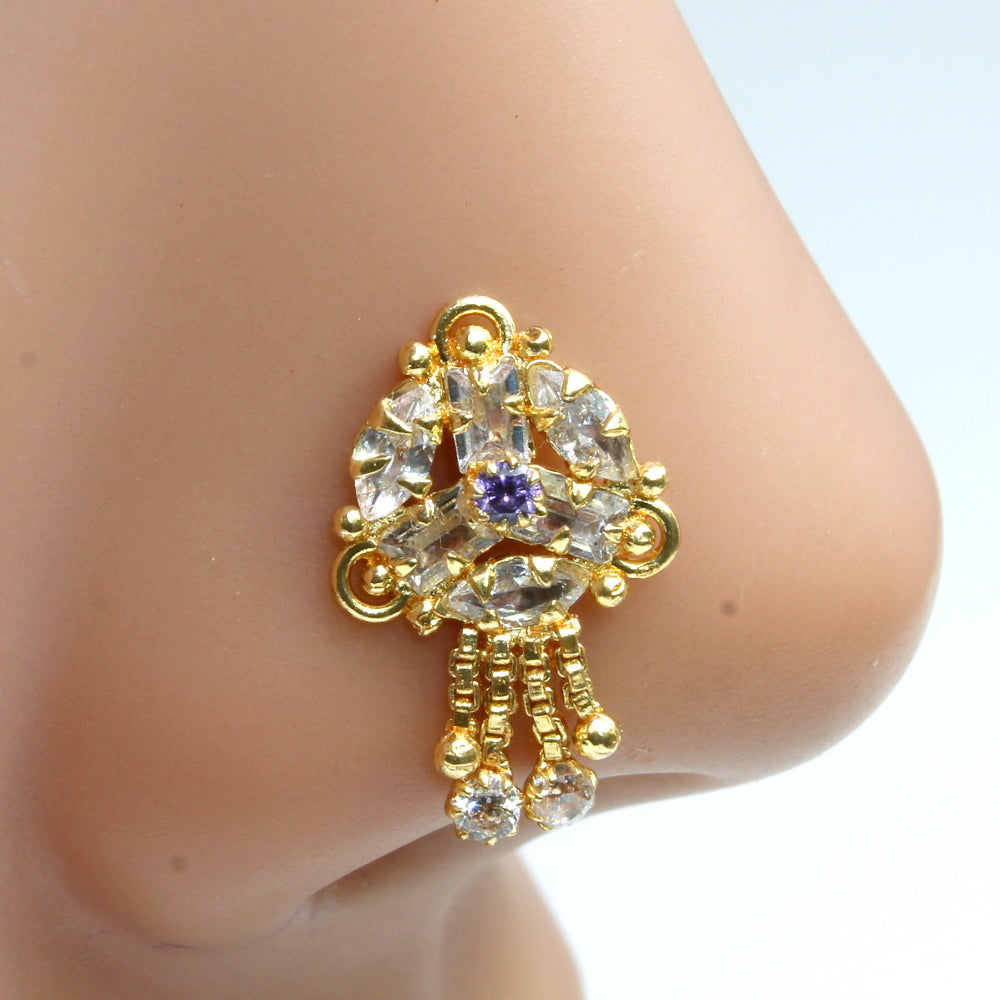Indian Ethnic Dangle Blue White CZ Gold Plated Nose Stud Push Pin