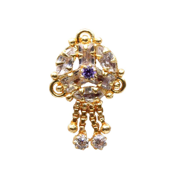 Indian Ethnic Dangle Blue White CZ Gold Plated Nose Stud Push Pin