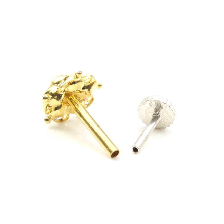 Floral Indian Style Yellow Real Gold 14K White CZ nose ring Push Pin