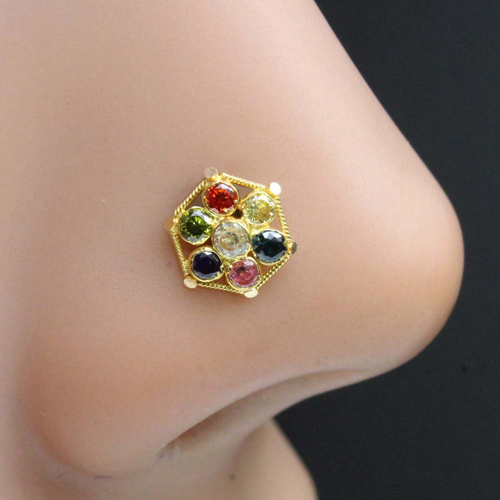 Beautiful Floral Yellow Real Gold 14K Multicolor CZ Indian nose ring Push Pin