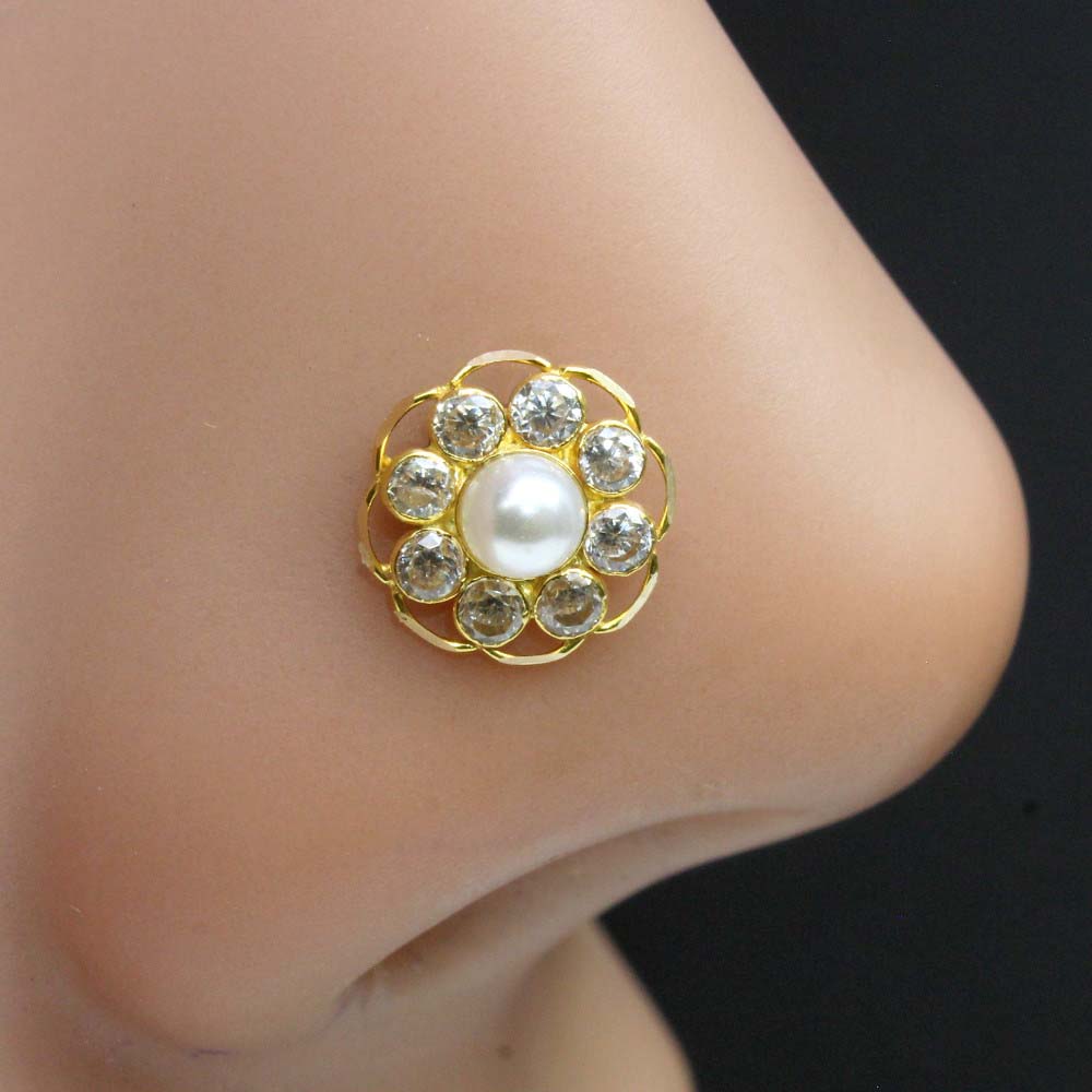 Flower Indian Style Yellow Real Gold 14K Pearl White CZ nose ring Push Pin