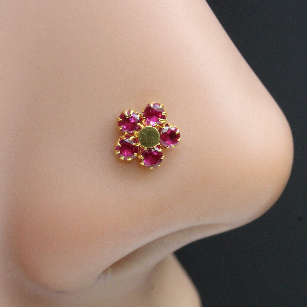 Cute Flower Indian Style Yellow Real Gold 14K Pink CZ nose ring Push Pin