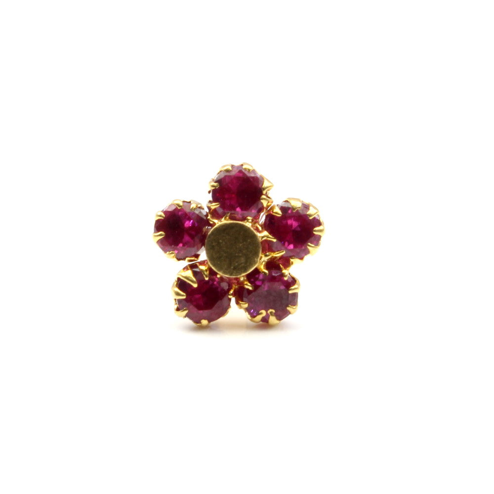 Cute Flower Indian Style Yellow Real Gold 14K Pink CZ nose ring Push Pin
