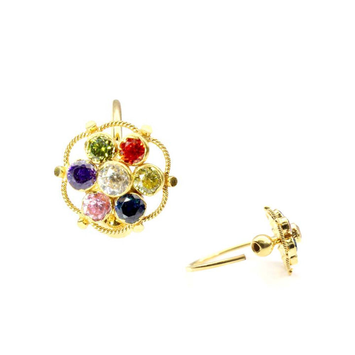 Indian Flower Style Multicolor CZ Studded Nose Hoop Ring 14k Real Yellow Gold