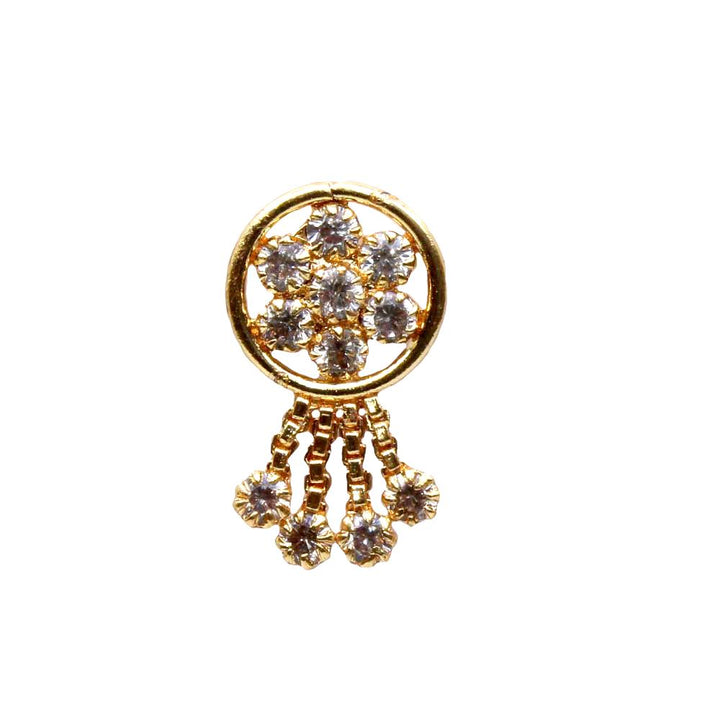 Indian Ethnic Dangle White CZ Gold Plated Nose Stud Push Pin