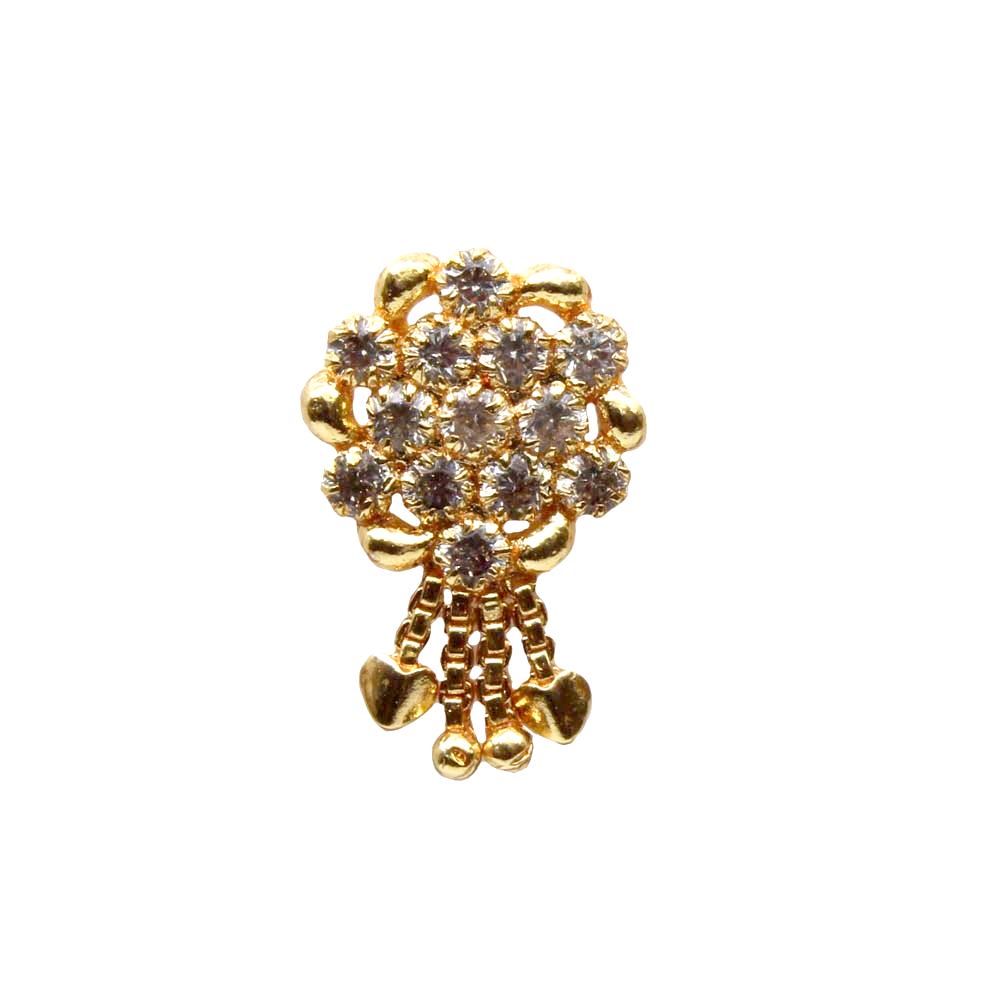 Ethnic Indian Dangle White CZ Gold Plated Nose Stud Push Pin