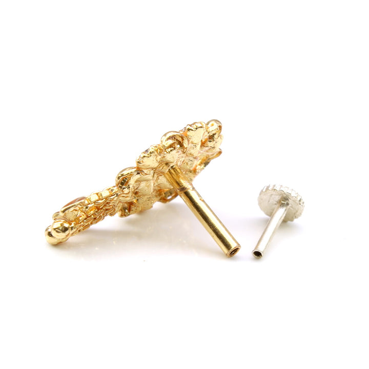 Ethnic Indian Dangle White CZ Gold Plated Nose Stud Push Pin
