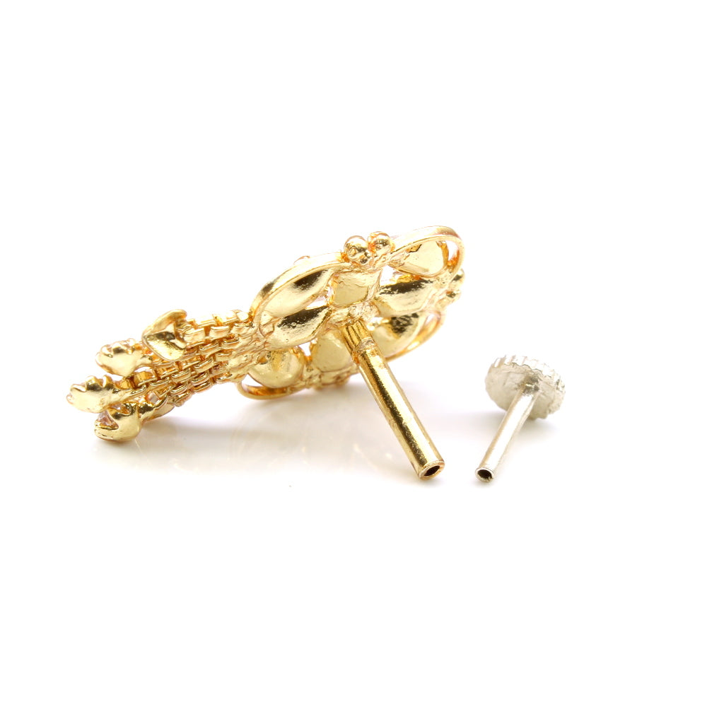 Statement Indian Dangle White CZ Gold Plated Nose Stud Push Pin