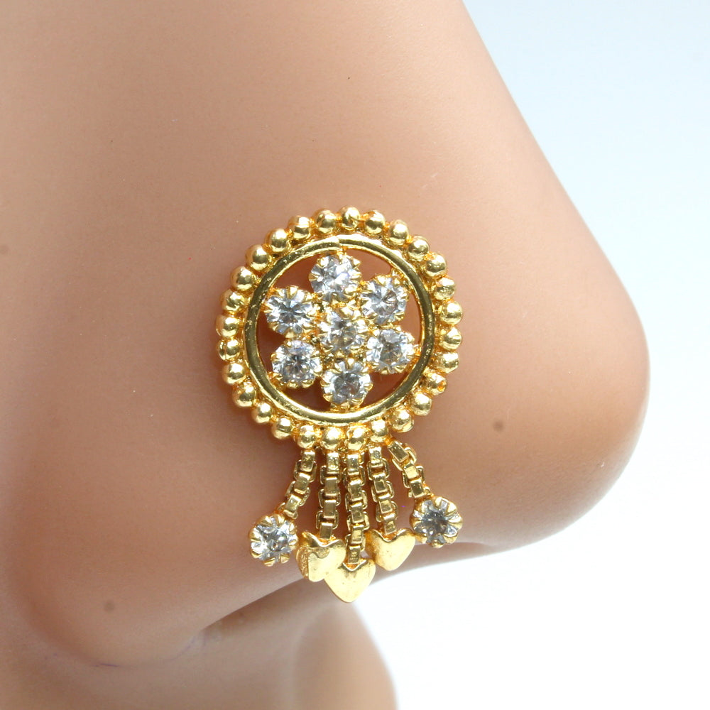 Big Indian Dangle White CZ Gold Plated Nose Stud Push Pin