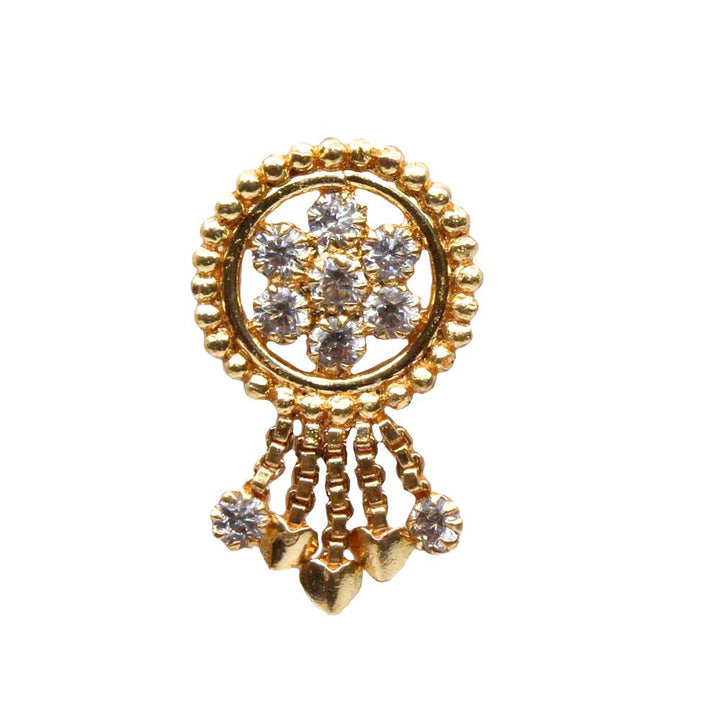 Big Indian Dangle White CZ Gold Plated Nose Stud Push Pin