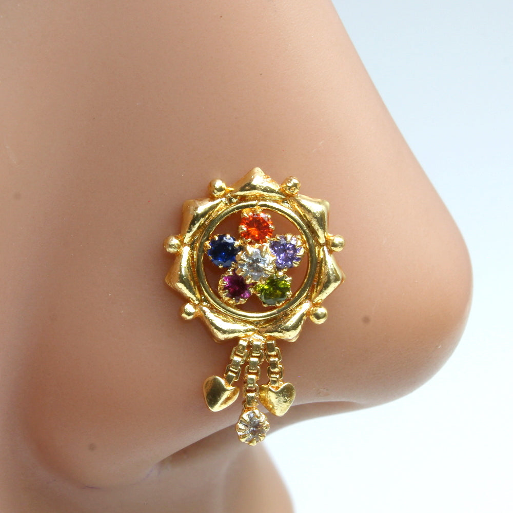 Traditional Gold Plated Indian Dangle Nose ring Multicolor CZ Twisted nose ring
