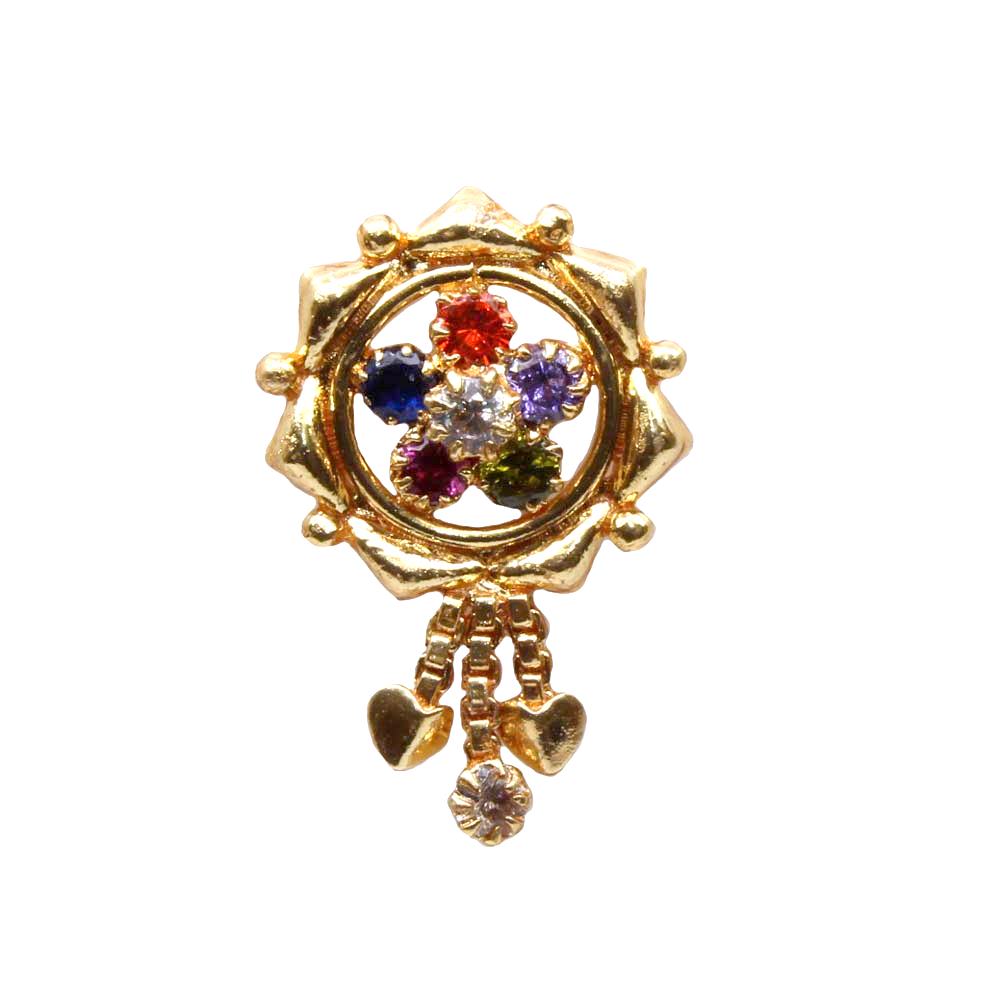 Indian Multicolor Dangle Gold Plated Nose Stud CZ Push Pin