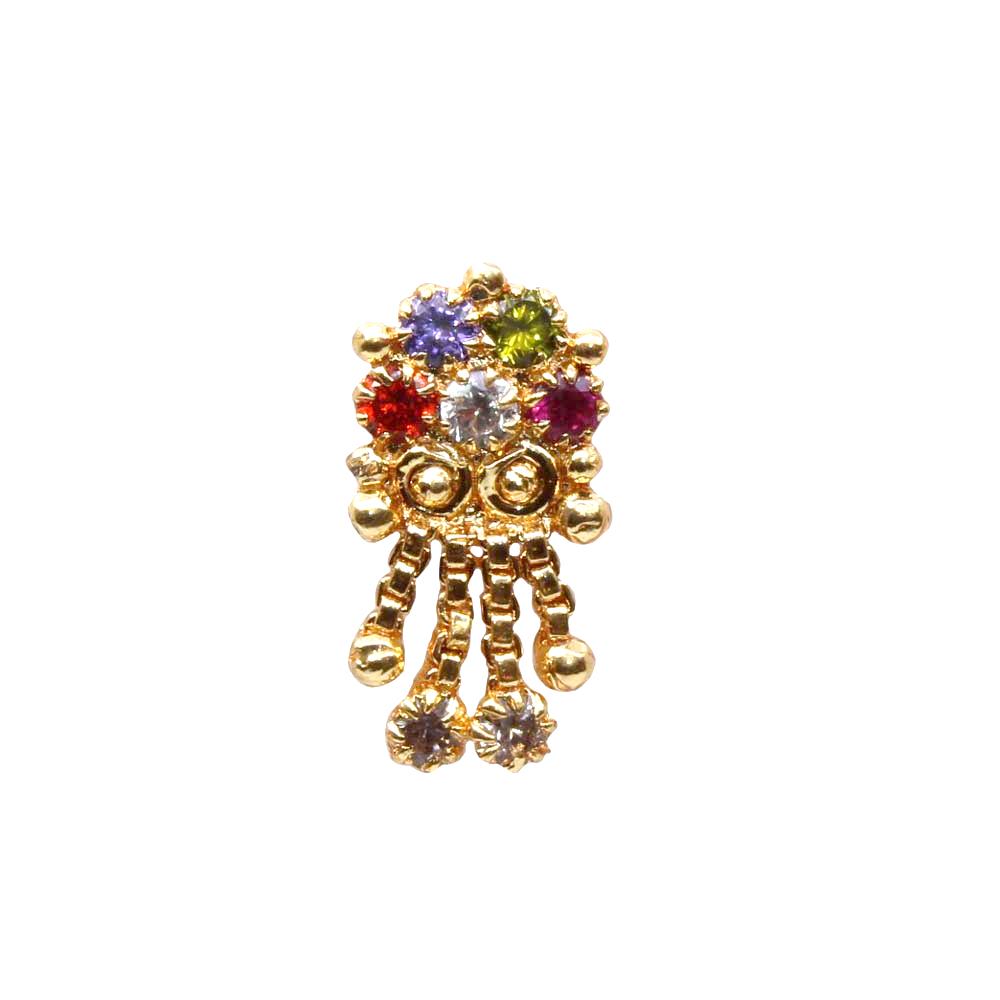 Indian Multicolor Dangle Gold Plated Nose Stud CZ Push Pin