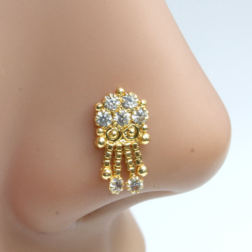 Indian Dangle White CZ Gold Plated Nose Stud Push Pin