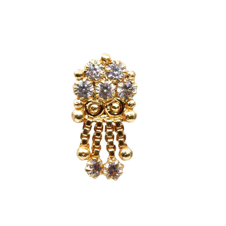 Indian Dangle White CZ Gold Plated Nose Stud Push Pin