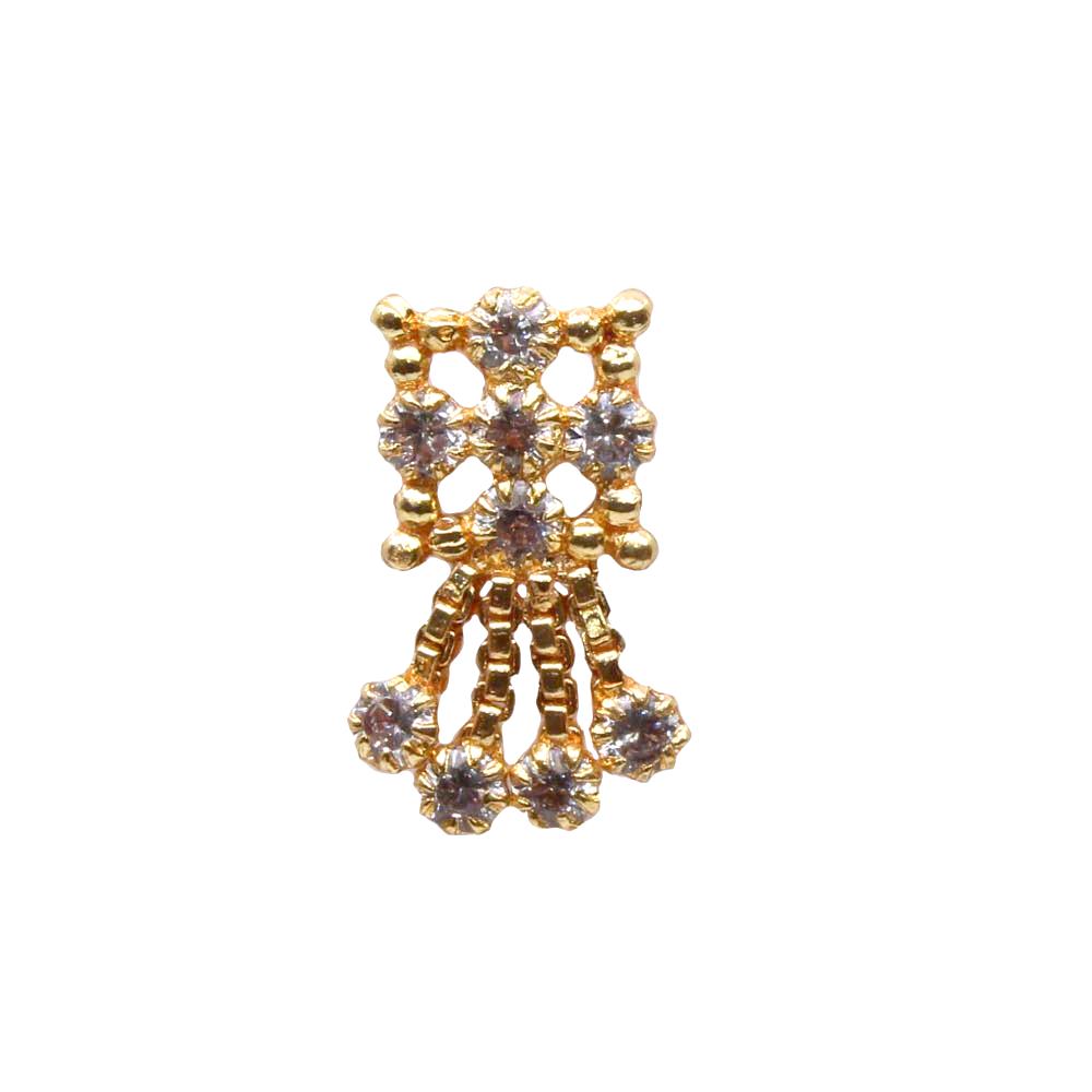 Ethnic Indian Dangle White CZ Gold Plated Nose Stud Push Pin