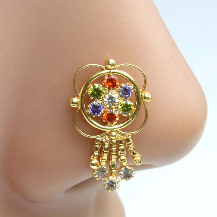 Statement Indian Multicolor Dangle Gold Plated Nose Stud CZ Push Pin