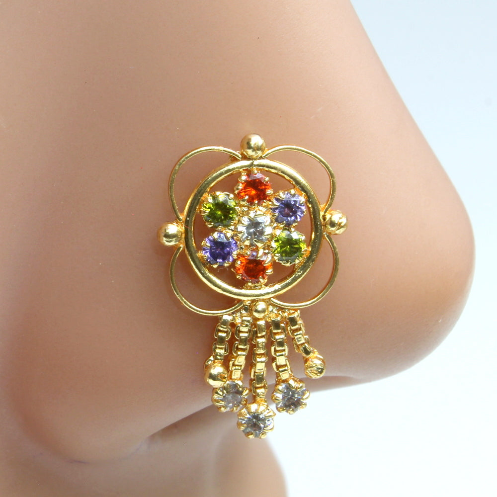Big Handmade Gold Plated Indian Dangle Nose ring Multicolor CZ Twisted