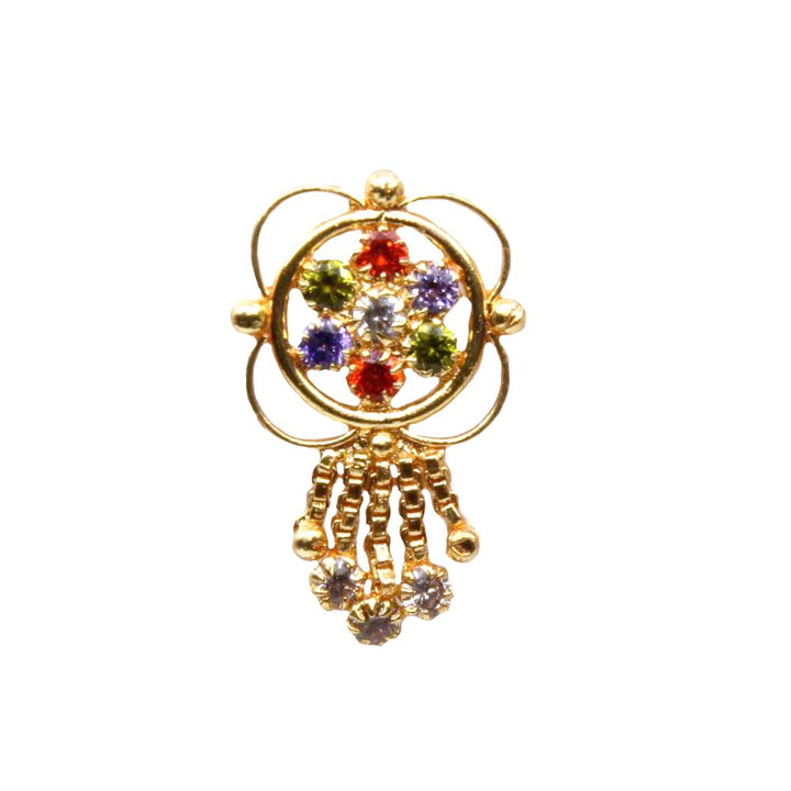 Big Handmade Gold Plated Indian Dangle Nose ring Multicolor CZ Twisted