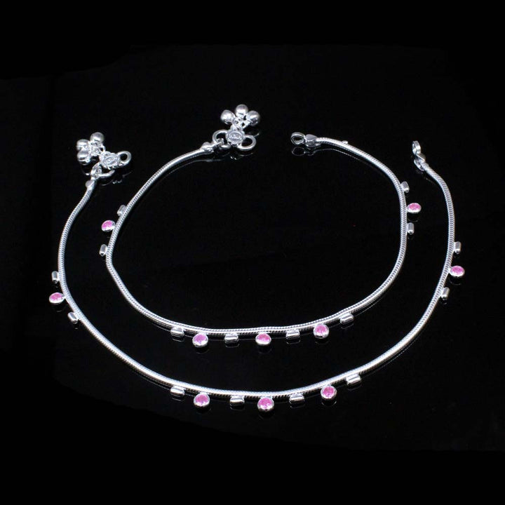 Women Real Sterling Silver Cute Pink CZ Anklets Pair 11"