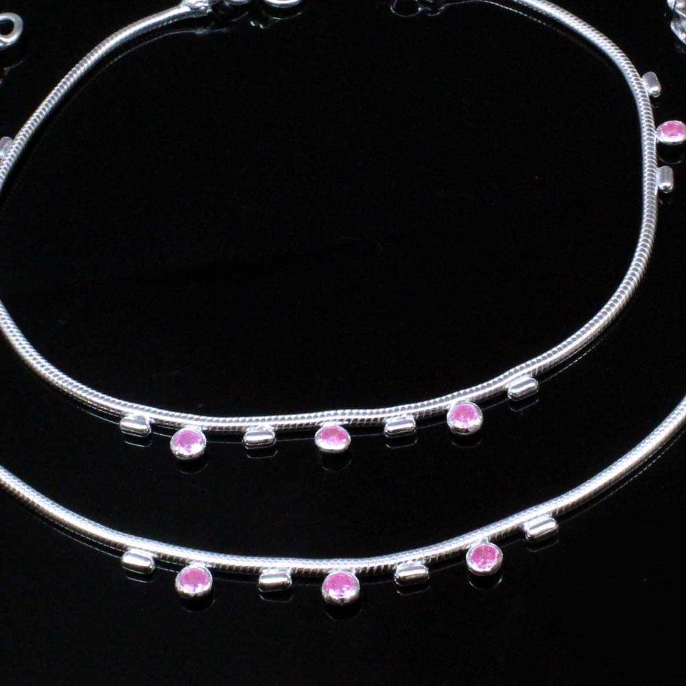 Women Real Sterling Silver Cute Pink CZ Anklets Pair 11"