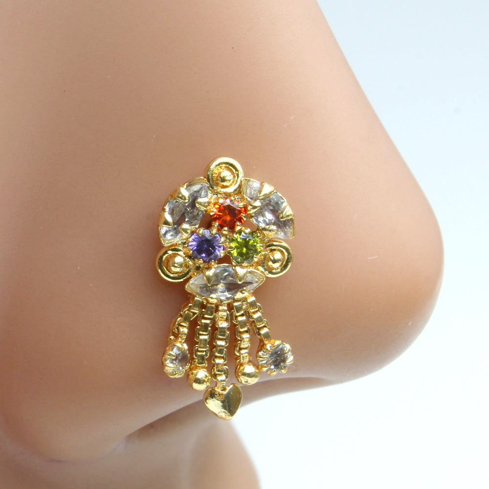 Ethnic Indian Multicolor Dangle Gold Plated Nose Stud CZ Push Pin