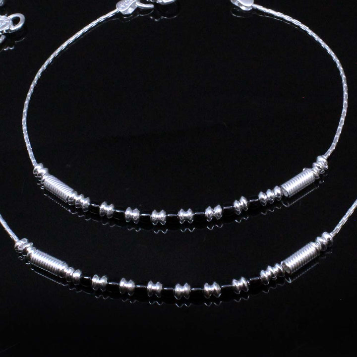 Women Black Beads Real Sterling Silver Anklets Ankle foot Bracelet Pair 10"