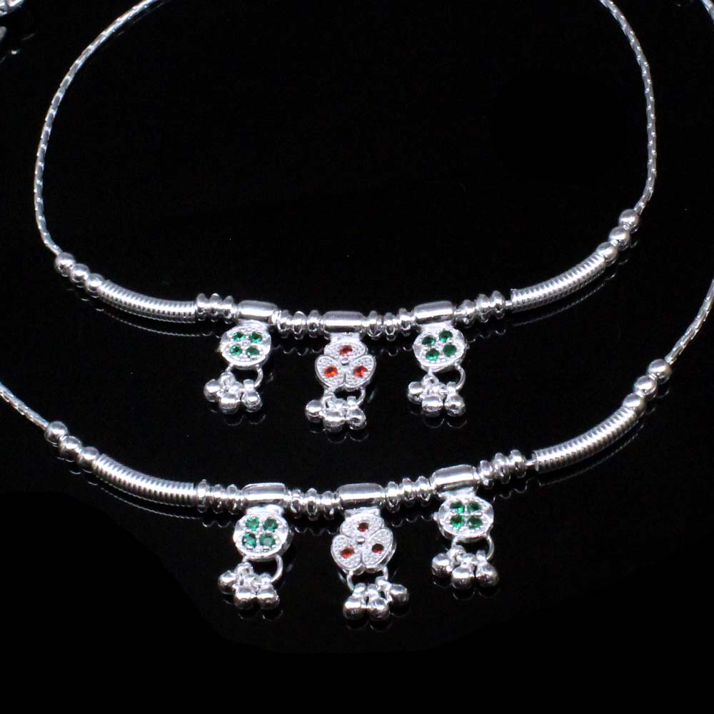 Real Silver Indian Style Red Green CZ Anklets Ankle foot Bracelet Pair 10.5"