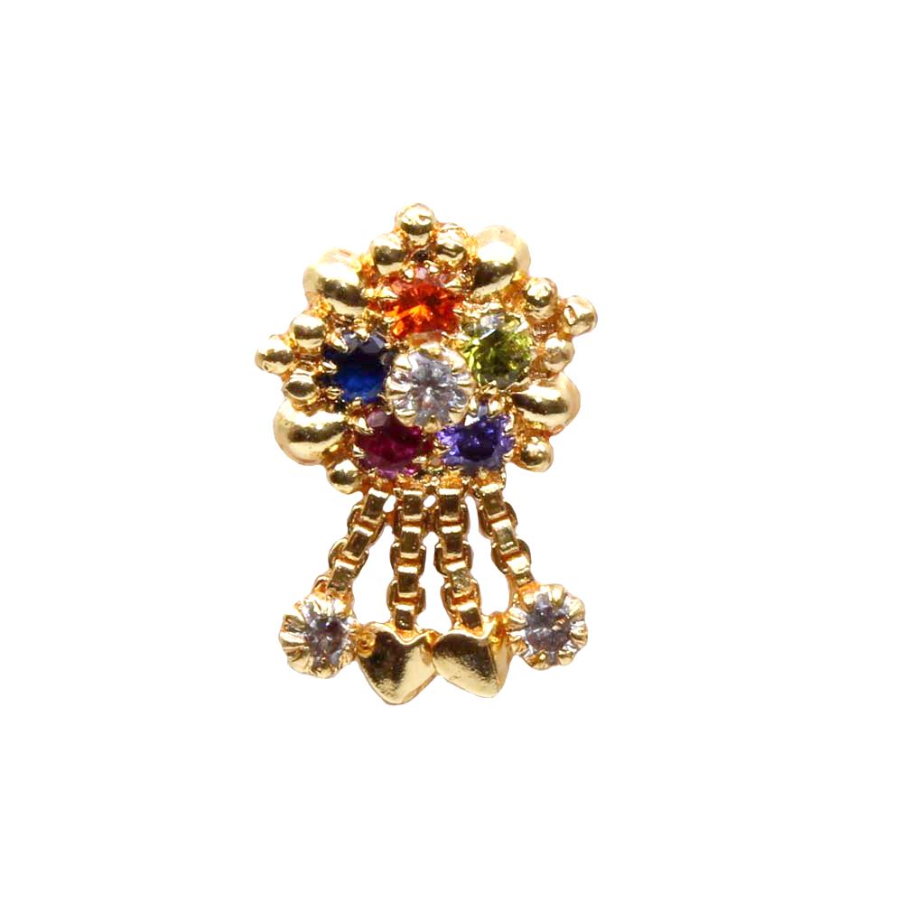 Traditional Style Gold Plated Indian Dangle Nose ring Multicolor CZ Twisted
