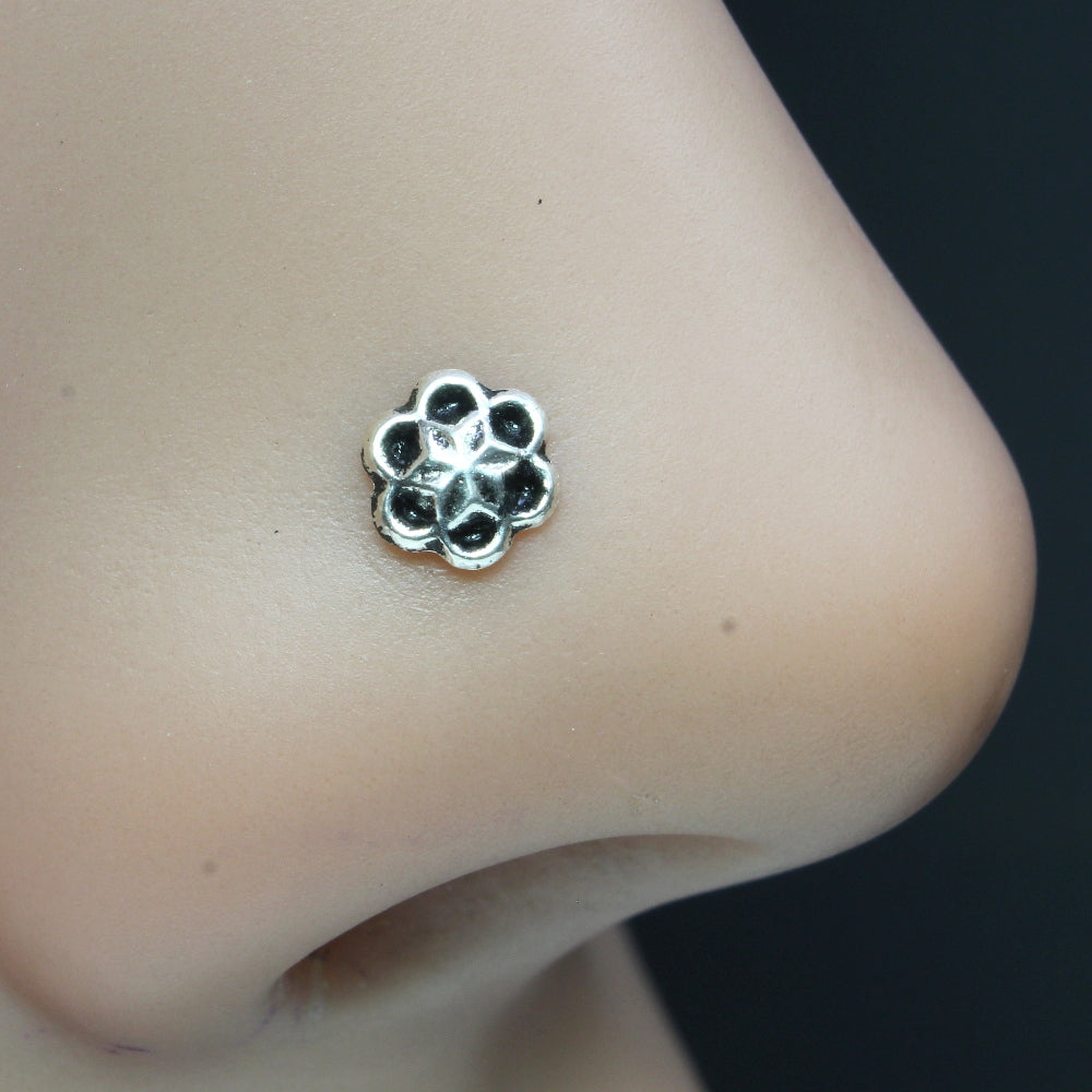 Solid 925 Sterling Silver Oxidized Flower Nose Stud Twist nose ring L Bend