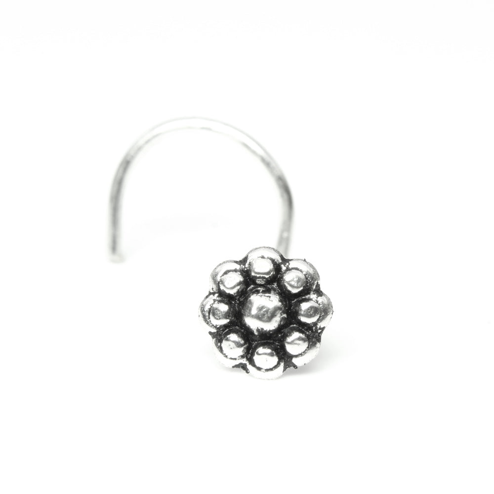 Solid Sterling Silver Oxidized Small Flower Nose Stud Twist nose ring L Bend
