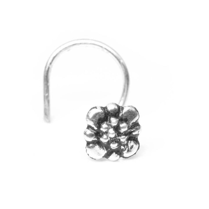 Real Sterling Silver Oxidized Floral Nose Stud Twist nose ring L Bend