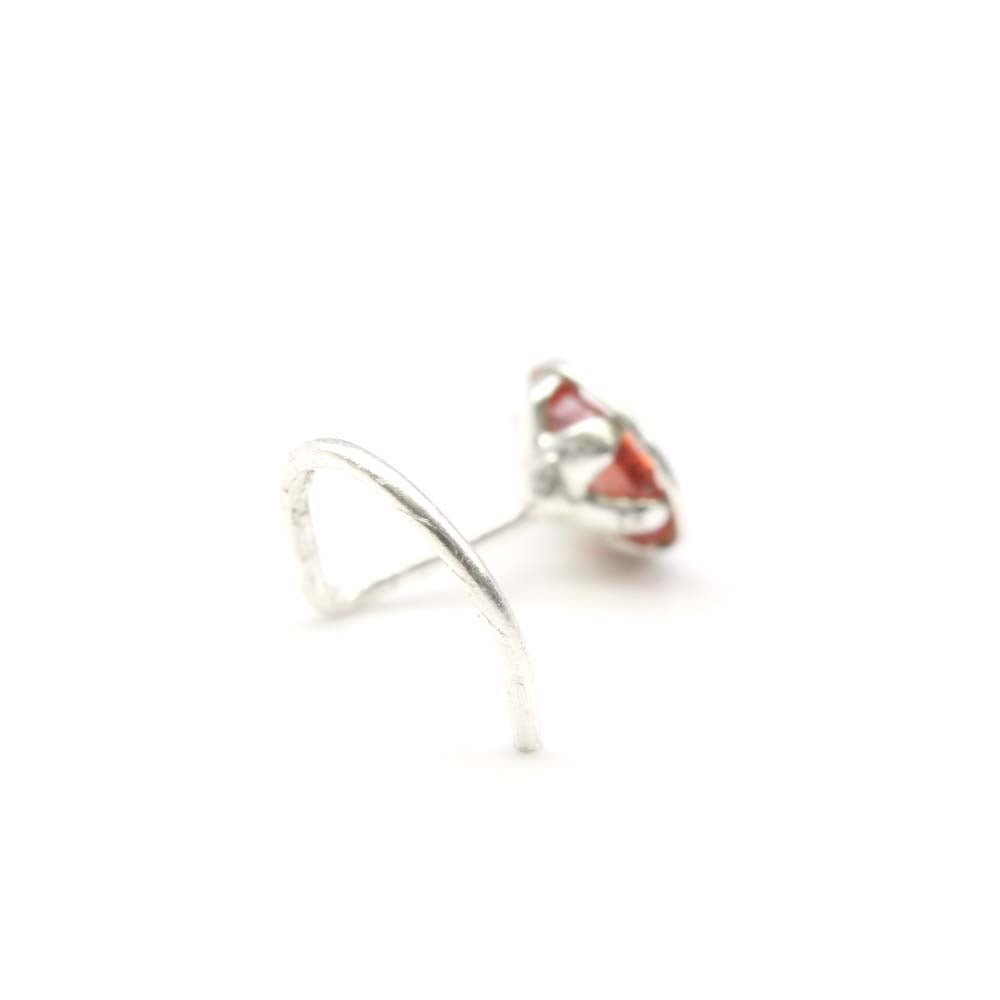 925 Real Silver Floral Nose Stud Red CZ Corkscrew nose ring L Bend
