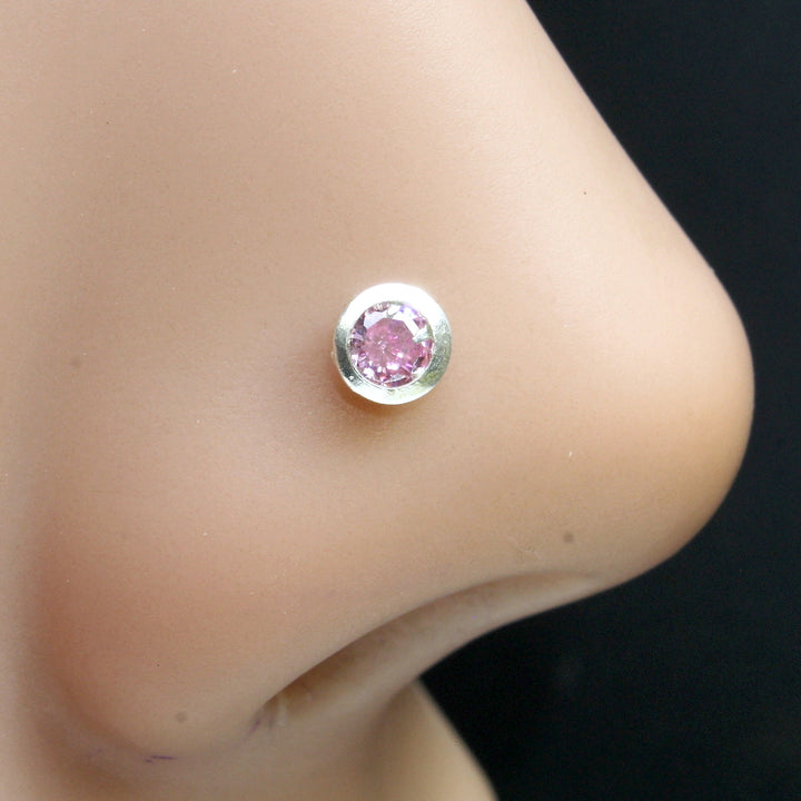 Real Silver Floral Nose Stud Pink Round CZ Corkscrew nose ring L Bend