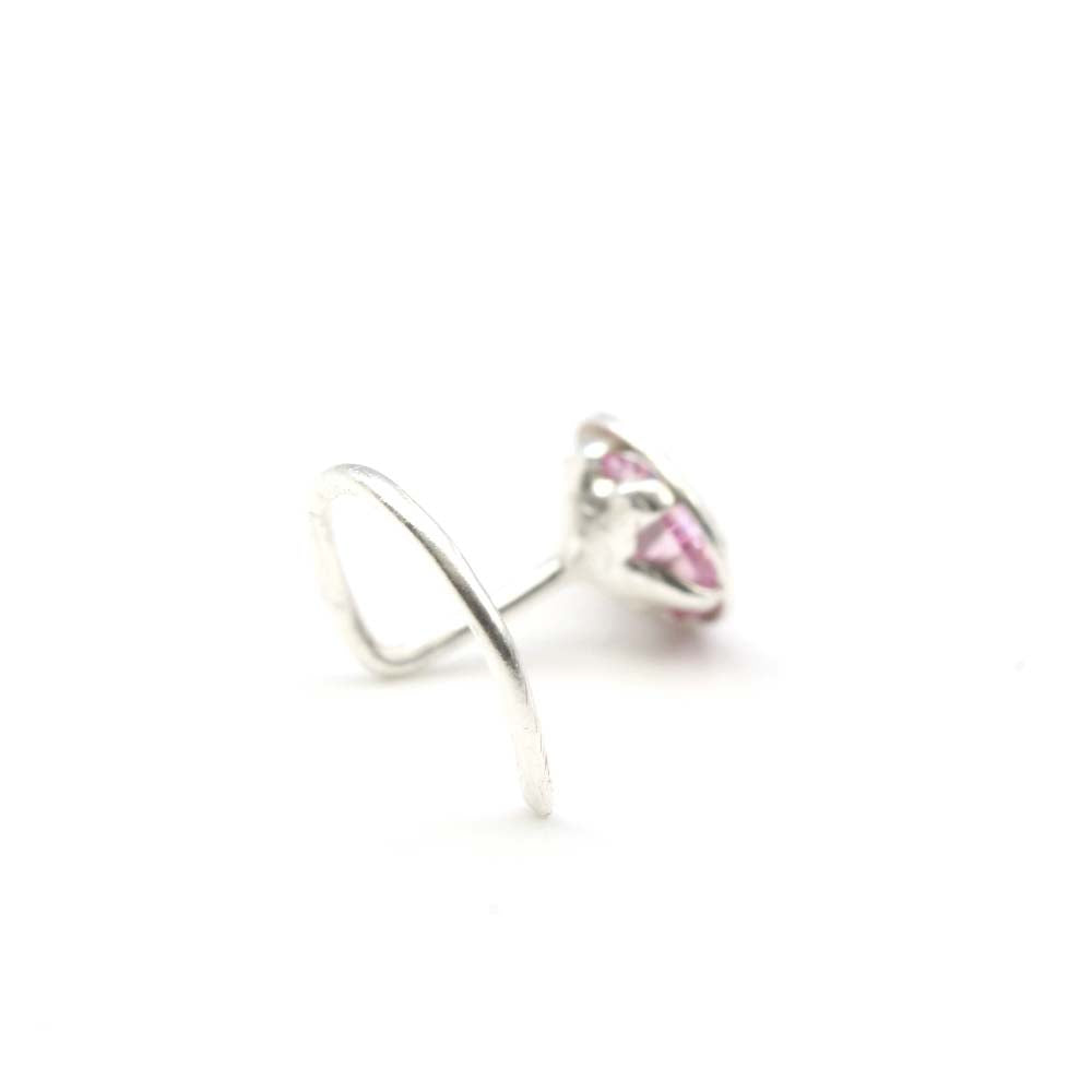 Real Silver Floral Nose Stud Pink Round CZ Corkscrew nose ring L Bend