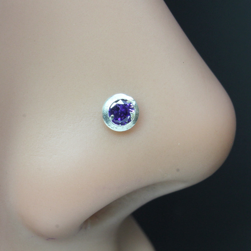 925 Real Silver Floral Nose Stud Purple CZ Twisted nose ring L Bend 24g