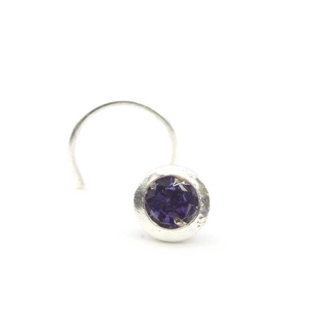 925 Real Silver Floral Nose Stud Purple CZ Twisted nose ring L Bend 24g