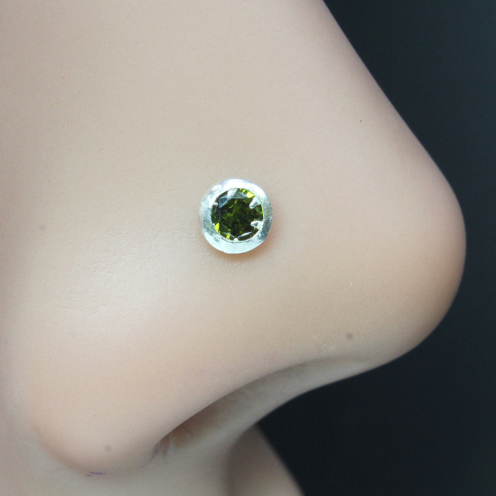 925 Real Silver Floral Nose Stud Green CZ Twisted nose ring L Bend 24g